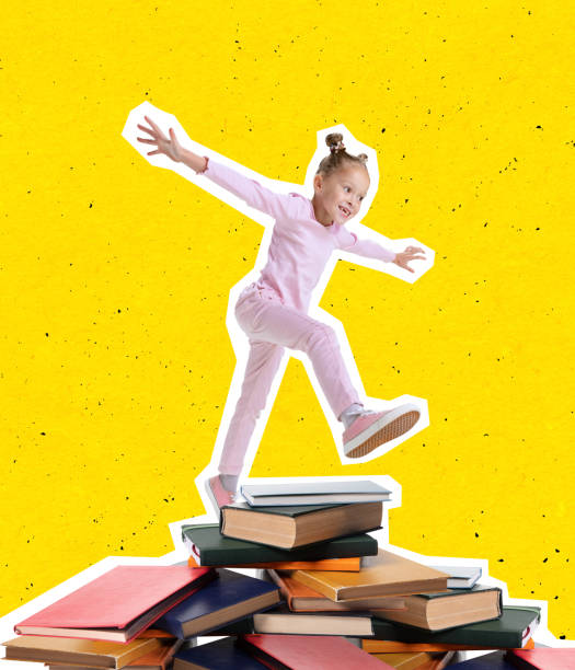 contemporary art collage of little girl walking over stack of books isolated over yellow background - humor book fun human age imagens e fotografias de stock