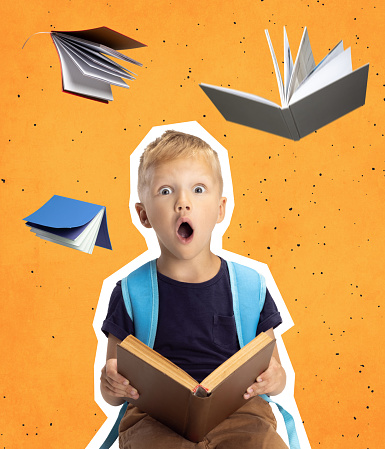 Creative art collage of surprised little boy with shocked expression reading book, story isolated over orange background. Concept of education, childhood, imagination, artwork, inspiration and ad