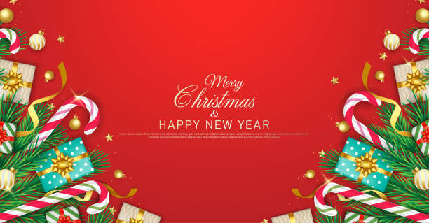 istock Merry christmas and happy new year banner template design with decorative pine leaves, candy, christmas light and gifts. 1360368908