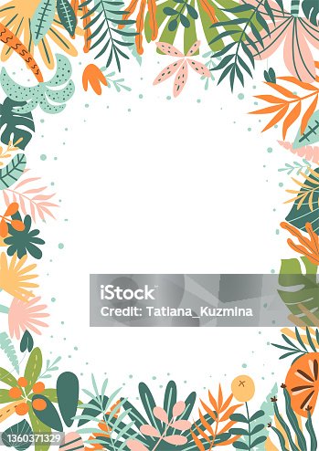 istock Jungle frame. Tropical leaves, palm leaves, frame nature background. Bright rainforest card. Cute jungle birthday invitation. Safari frame. Vector illustration. Summer foliage of tropical plants trees 1360371329