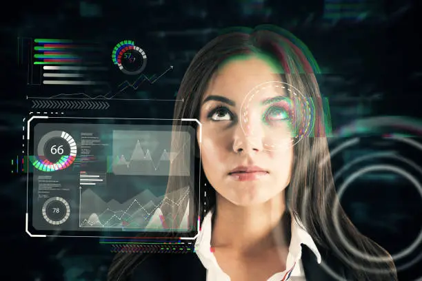 Photo of Portrait of businesswoman with creative eye scanning interface hud screen on dark background. Biometrics ID concept. Double exposure.