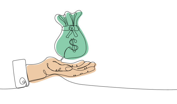 Continuous one line drawing of hand holding money bag with dollar Continuous one line drawing of hand holding money bag with dollar. Business and Finance Concept. Vector illustration coin outline stock illustrations