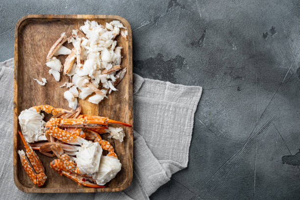 istock Boiled crab food, on gray background, top view flat lay  , with copyspace  and space for text 1360373883