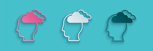 istock Paper cut Man having headache, migraine icon isolated on blue background. Paper art style. Vector 1360375725