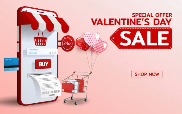 Vector illustration of Online shopping in Happy Valentines Day theme with heart balloons and shopping cart 3d perspective vector design. Trading online by credit card convenience to customer who use the service.
