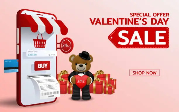 Vector illustration of Online shopping in Happy Valentines Day theme with cute bear and gift box 3d perspective vector design. Trading online by credit card convenience to customer who use the service.