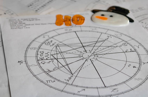Printed astrology natal chart with a snowman's head sticker and the Santa Claus exclamation ho in the background Printed astrology natal chart with a snowman's head sticker and the Santa Claus exclamation ho in the background astrology stock pictures, royalty-free photos & images