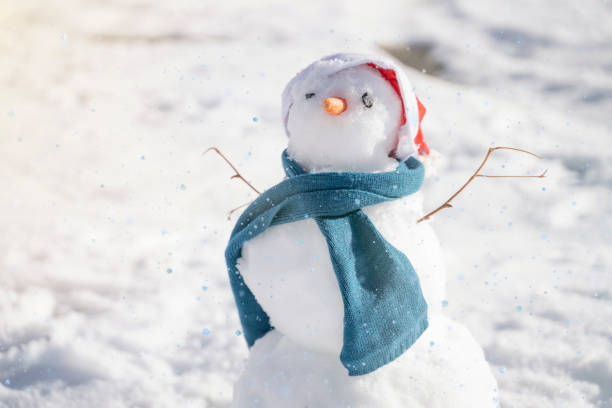 istock Cute christmas snowman outdoors on sunny day, space for text. Beautiful winter background. 1360380345