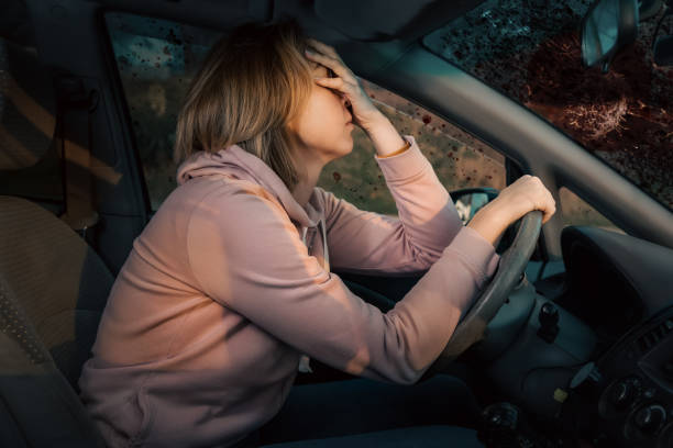 A blonde sad woman is sitting behind the wheel of a left-hand drive car and holding her head in despair, covering her eyes with her hand.Traffic accident. Blood on the windshield of the car A young blonde sad woman is sitting behind the wheel of a left-hand drive car and holding her head in despair, covering her eyes with her hand. Side view. Traffic accident. Blood on the windshield of the car. driving under the influence stock pictures, royalty-free photos & images