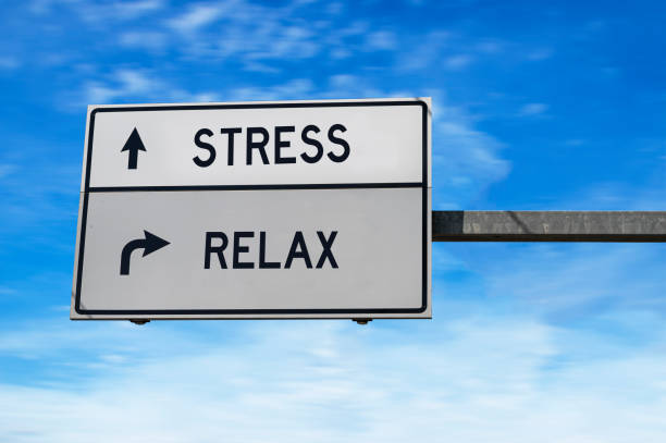 istock Road sign with words stress and relax. 1360381539