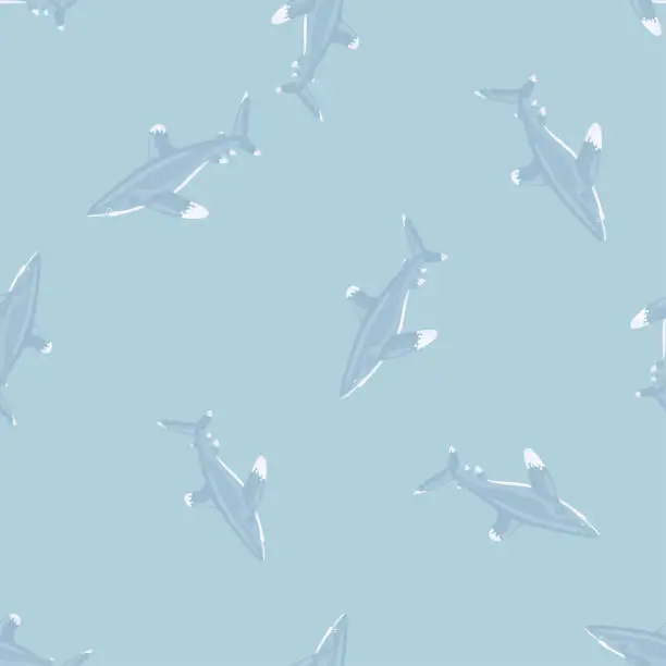 Vector illustration of Oceanic whitetip shark seamless pattern in scandinavian style. Marine animals background. Vector illustration for children funny textile.