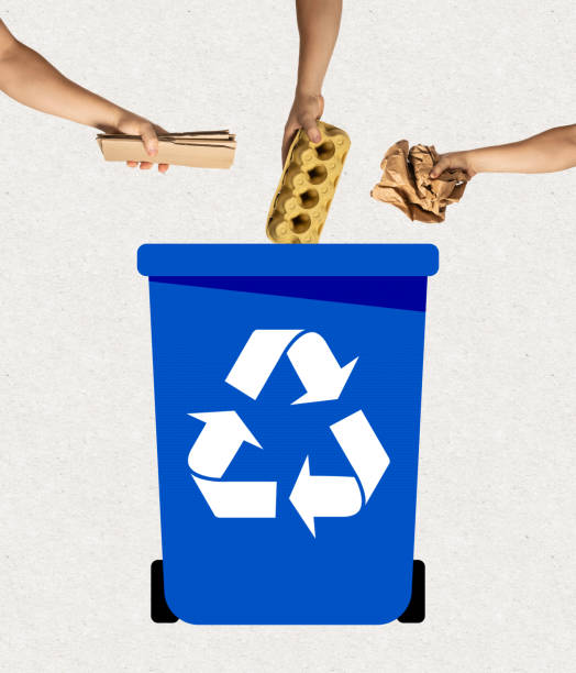 istock Contemporary art collage. Human hands throw carton boxes into trash can with sorting, garbage recycling icon. 1360382924