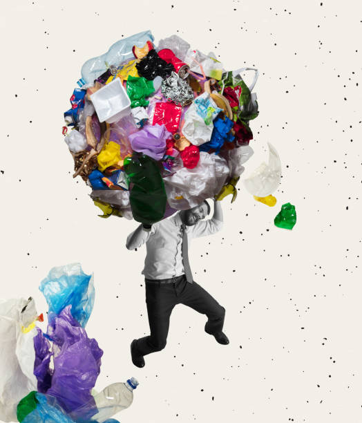 istock Man carries a bunch of plastic garbage, trash. Environmental pollution. Modern design. Contemporary conceptual art collage. 1360382930