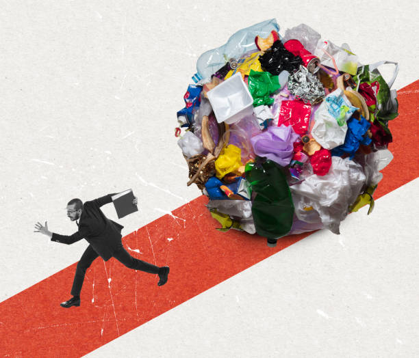 istock Man running away of plastic garbage, environmental pollution. Modern design. Contemporary conceptual art collage. 1360382936