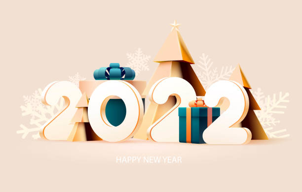 istock New year poster 2022. White numbers with colorful gift boxes 1360384685