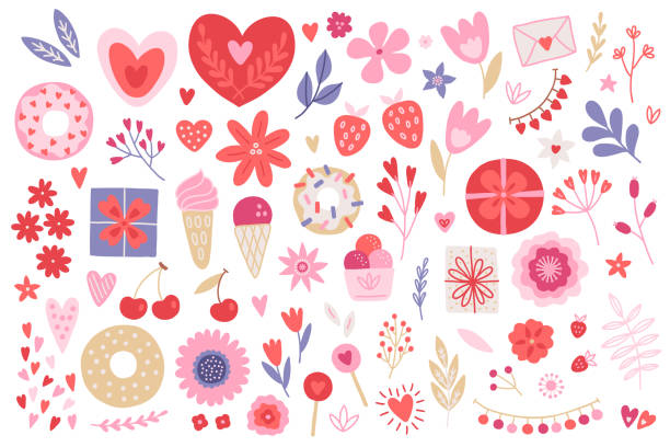 набор на день святого валентина - сердце, цветок, подарок, тюльпан, вишня, письмо, листья - cherry valentine stock illustrations