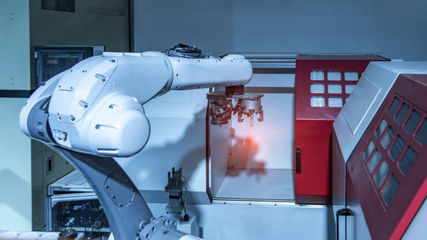 istock Automatic industrial robotic robot working, industry 4.0 and technology concept 1360386669