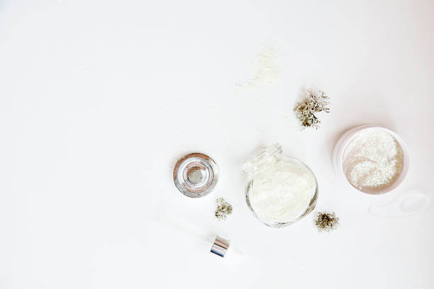 istock Natural wellness face care cosmetics set on white gradient background. Alginate mask and transparent patches. Organic forest moss. Hyaluronic and moisturizing cosmetic. Dermatology natural products 1360388374