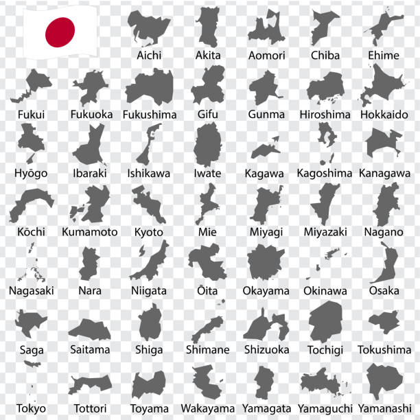 czterdzieści siedem map prefektury japonii - kolejność alfabetyczna z nazwą. każda mapa prefektury jest wymieniona i odizolowana ze sformułowaniami i tytułami.  japonia. eps 10. - alphabetical order obrazy stock illustrations