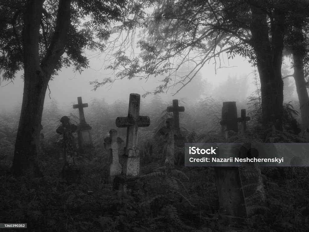 Crosses and graves in the old abandoned cemetery. Dark spooky cemetery in the fog. Crosses and graves in the old abandoned cemetery. The atmosphere of death and horror. Cemetery Stock Photo