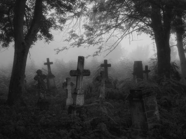 Crosses and graves in the old abandoned cemetery. stock photo