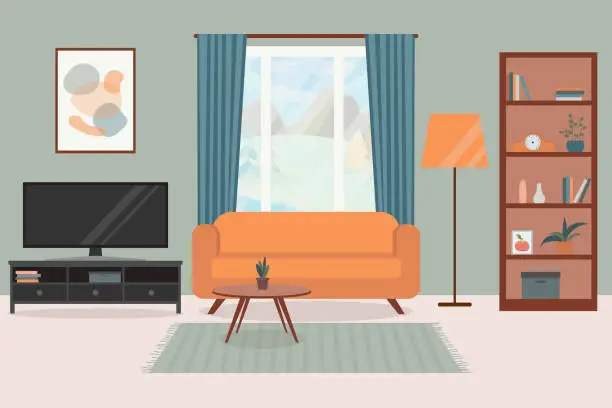 Vector illustration of Cozy living room interior, with a large window, sofa, TV and poster painting.