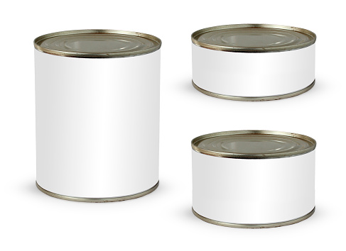 metal tin can with an empty label, layout, space for mounting your design, canned food on a white background.