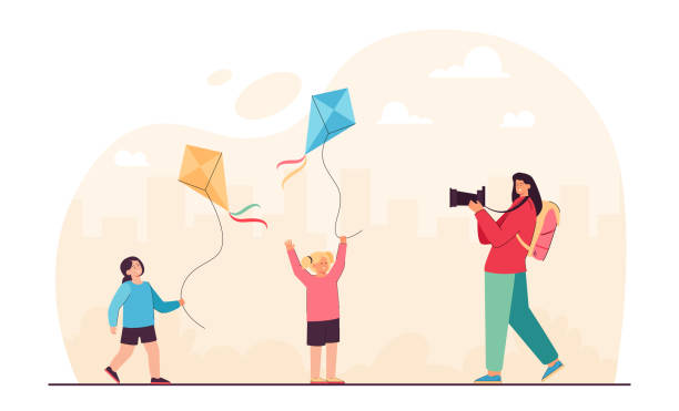 Mother taking picture of daughters playing game with kites Mother taking picture of daughters playing game with kites. Woman holding photo camera flat vector illustration. Summer adventure, vacation concept for banner, website design or landing web page removing photos stock illustrations
