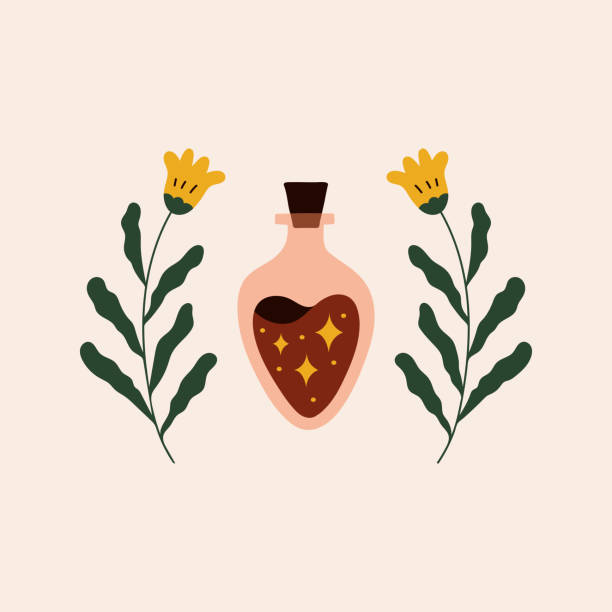 illustrations, cliparts, dessins animés et icônes de imprimé bohème abstrait avec bouteille de potion et plantes. - aphrodisiac