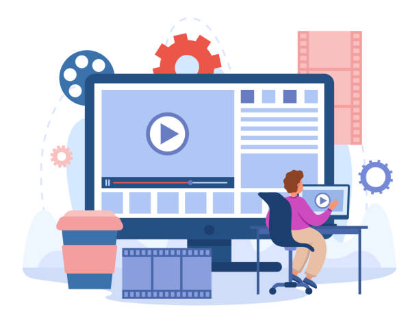 Content creator editing video footage in studio Content creator editing video footage in studio. Editor publishing viral video on social media, multimedia production flat vector illustration. Motion design concept for banner or landing web page editor page stock illustrations