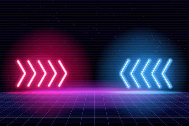 istock Futuristic Sci-Fi Arrow Shaped Neon Tube Vibrant Purple And Blue Glowing Lights On 3d Tilted space with reflection in Empty Space Vector illustration 1360398053