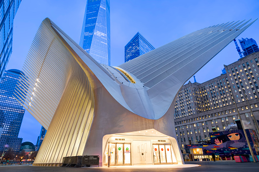 Manhattan, New York, USA - December 13, 2021:    The Oculus at the World Trade Center. Designed by Santiago Calatrava.  Build in 2013. New York City Transportation Hub. View from Church Street, New York City.