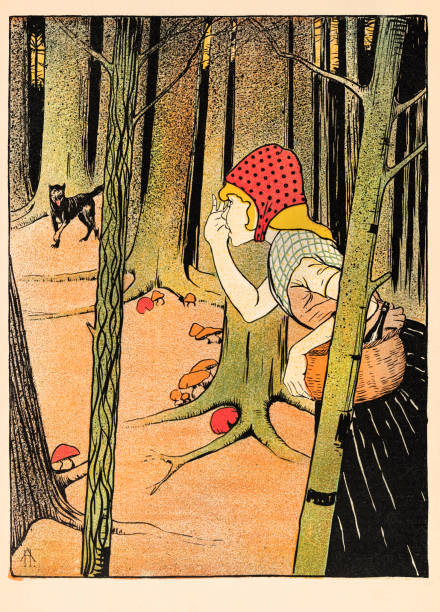rotkäppchen im wald mit wolf jugendstil 1897 - women little girls teenage girls one person stock-grafiken, -clipart, -cartoons und -symbole