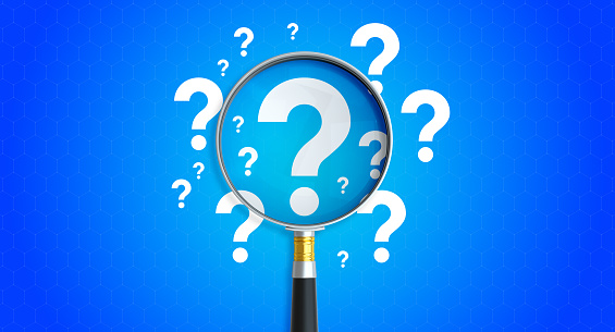 Magnifier And Question Mark On Blue Background