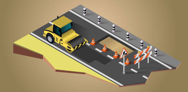 ilustrações, clipart, desenhos animados e ícones de rolo rodoviário isométrico vetorial no canteiro de obras da estrada. - concrete driveway construction site construction