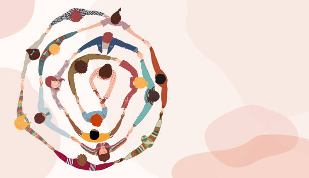 group of people in circle from diverse culture holding hands.cooperation and teamwork.community of friends or volunteers committed to social issues for peace and the environment.top view - group of people stock illustrations