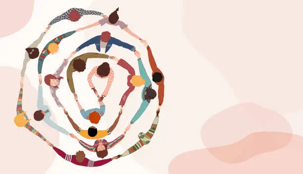 Vector illustration of Group of people in circle from diverse culture holding hands.Cooperation and teamwork.Community of friends or volunteers committed to social issues for peace and the environment.Top view
