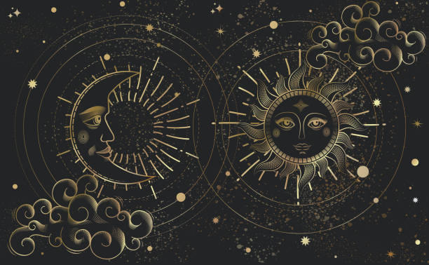 istock Magic banner for astrology, golden line on black background magic zodiac, tarot. Universe space, crescent moon and sun and clouds. Esoteric vector illustration 1360400316