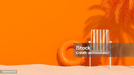istock Summer beach holiday travel background palm tree with chair and inflatable ring on sand 1360401313