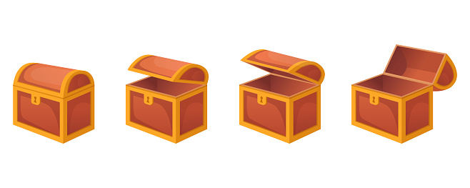 Set of animation of empty wood chest for treasure. Vector illustrations of opening old box. Cartoon open and closed pirate crate with lock isolated on white. Game UI, fantasy, luck and wealth concept