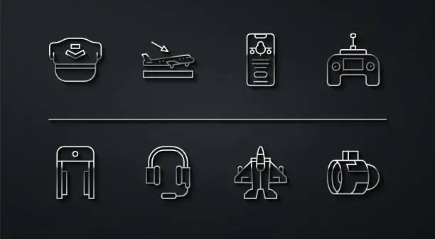 Vector illustration of Set line Pilot hat, Metal detector in airport, Drone remote control, Jet fighter, Headphones with microphone, Plane landing, engine turbine and Mobile ticket icon. Vector