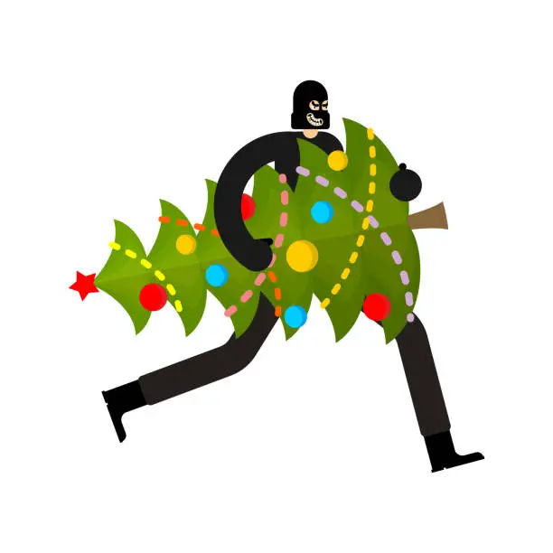 Vector illustration of Thief stolen Christmas tree. Burglar Stole Christmas. Criminal carries fir-tree. New Year is canceled. There will be no holiday