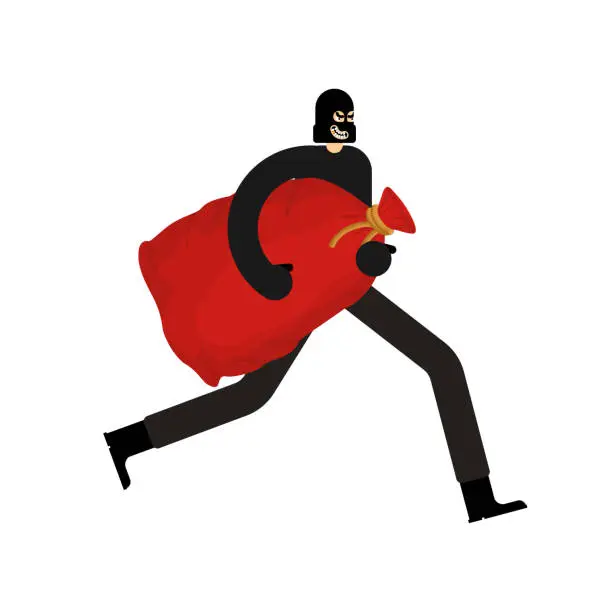 Vector illustration of Thief stolen Santa bag. Burglar Stole Red Red. Criminal carries bag with presents. New Year is canceled. There will be no holiday