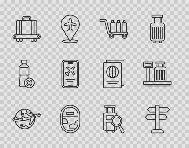 stockillustraties, clipart, cartoons en iconen met set line globe with flying plane, road traffic sign, trolley baggage, airplane window, conveyor belt suitcase, mobile ticket, lost and scale icon. vector - lost phone