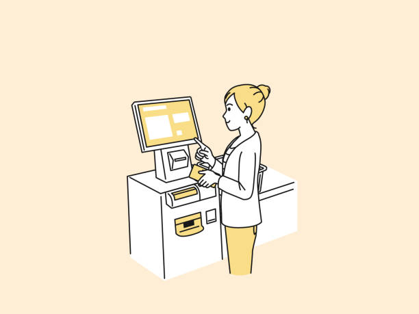 Woman using a self checkout machine illustration It is an illustration of a Woman using a self checkout machine. self checkout stock illustrations