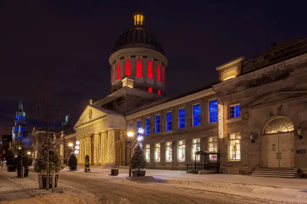 the first snow in the old port of Montreal, on St-Paul Street. Winter Quebec Canada