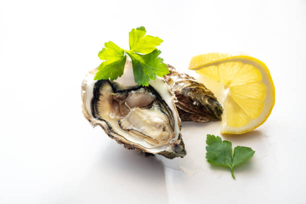 istock Freshly opened oyster with lemon slice and parsley garnish on a white background, copy space, selected focus 1360410434