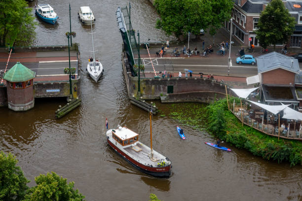 Leeuwarden, Province Friesland, The Netherlands, 29.08.2021, Elevated view of the bridge in The Netherlands that opens up for boats and ships