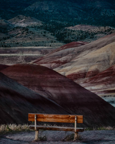 Bench overlooking Painted Hills stock photo