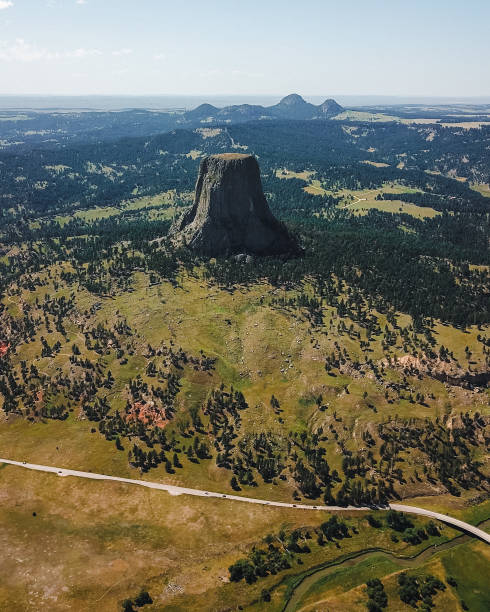 Devil’s Tower National Monument from above stock photo